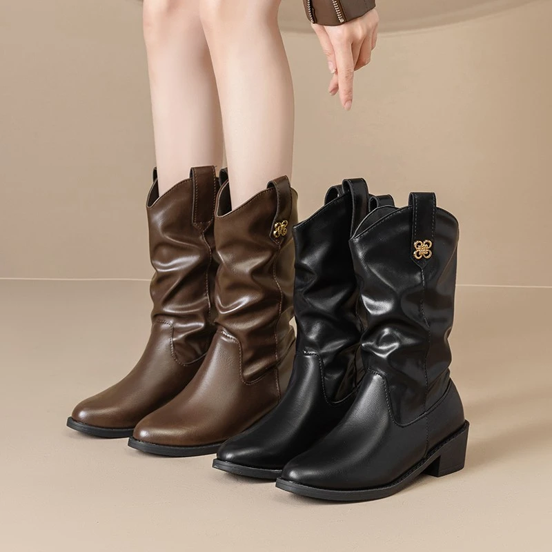 马丁靴中跟美拉德风靴子低跟套筒中筒防滑单靴中筒靴百搭秋冬女靴