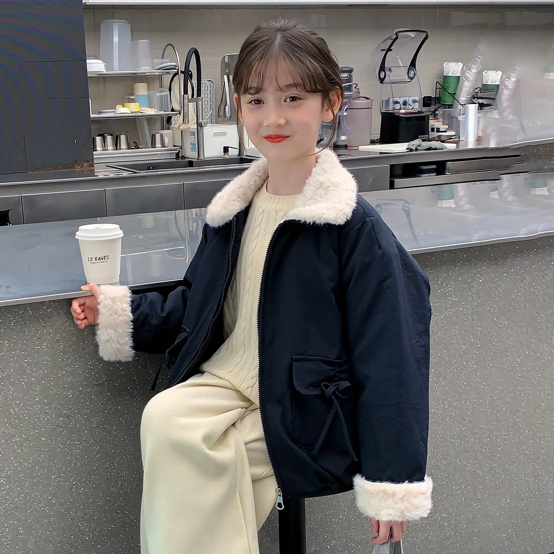 女童加棉外套秋冬款2025新款女孩夹棉冬装儿童保暖女大童毛领棉服
