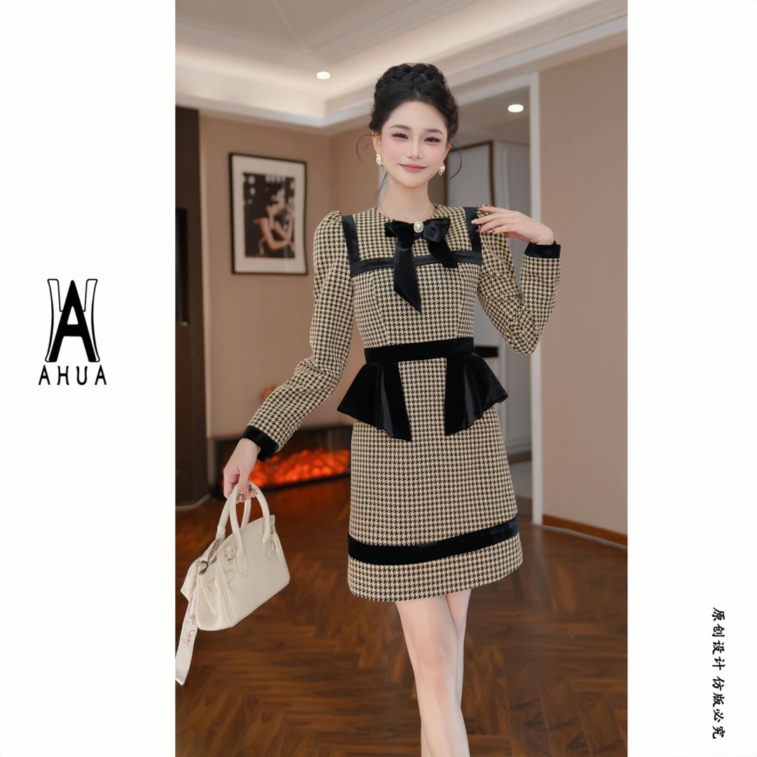 【花花原创】圆领高腰连衣裙秋季千鸟格轻奢粗花呢洋气48024