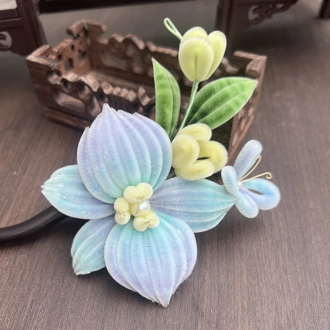 非遗绒花（蝴蝶兰）新中式日常搭配，汉服国风头饰古风配饰