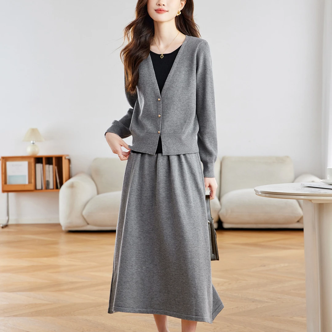 毛衣裙子两件套女春秋冬新款打底衫女2025新款时髦洋气A字半身裙