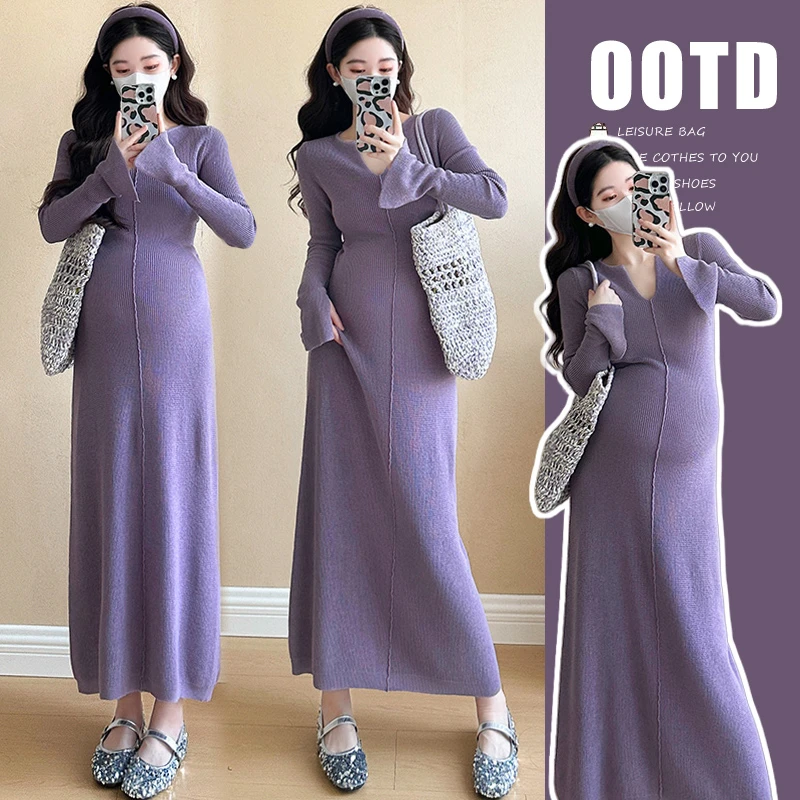 时尚宽松2025秋装新品时尚辣妈修身气质弹力喇叭袖长款针织连衣裙