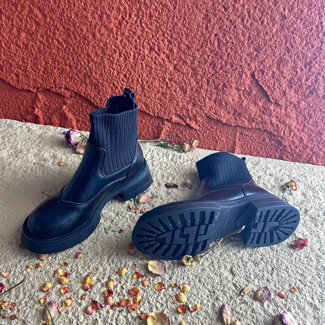 【现货】S5573/3c牛皮平跟短靴女秋冬厚底弹力袜靴瘦瘦靴粗跟马丁靴