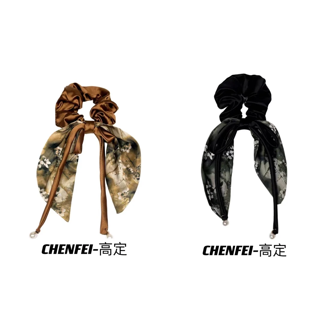 A高级感缎面中式印花蝴蝶结飘带肠圈后脑勺扎头绳两个装1601+1603