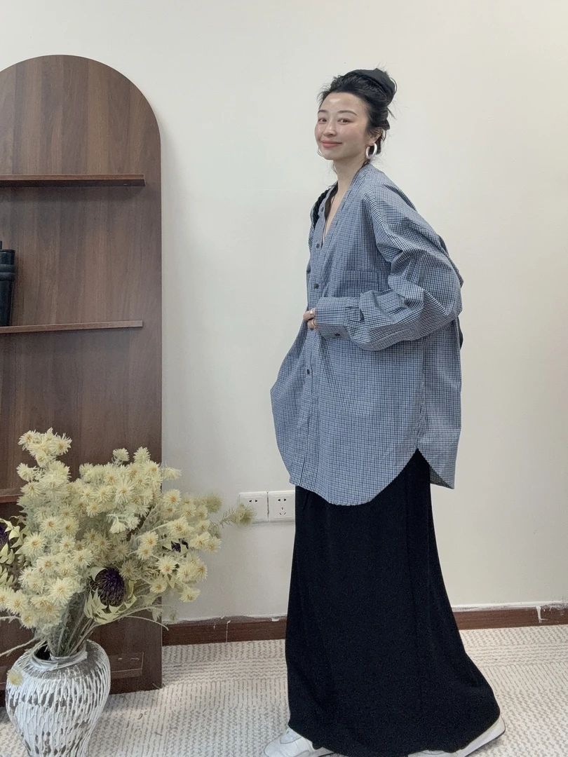 （王有财）小蓝格子宽松大版型韩版衬衫休闲衬衣