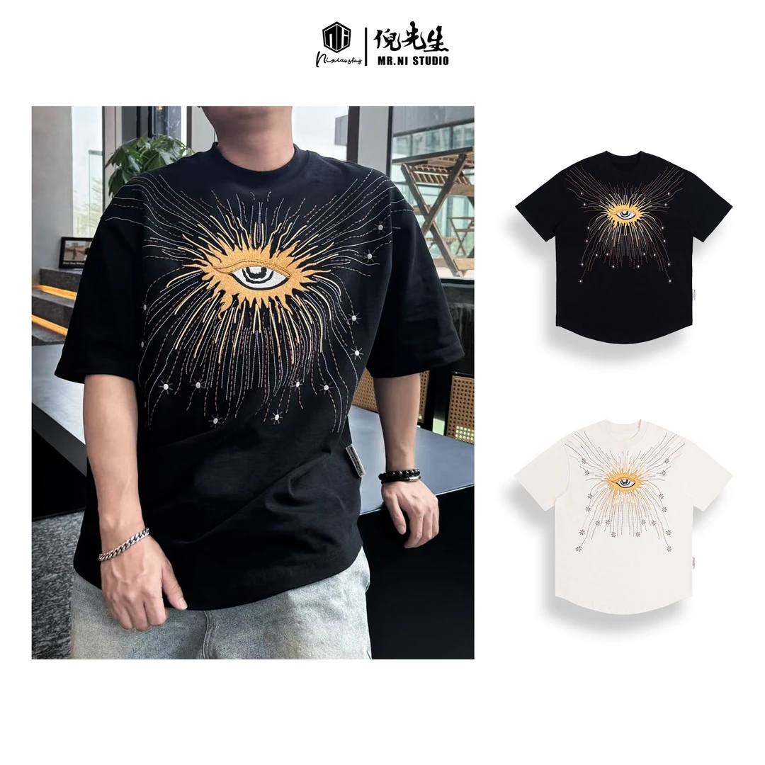 MR.NI/倪先生「恶魔之眼」街头反叛轻奢绽放金丝线万针刺绣短袖T恤