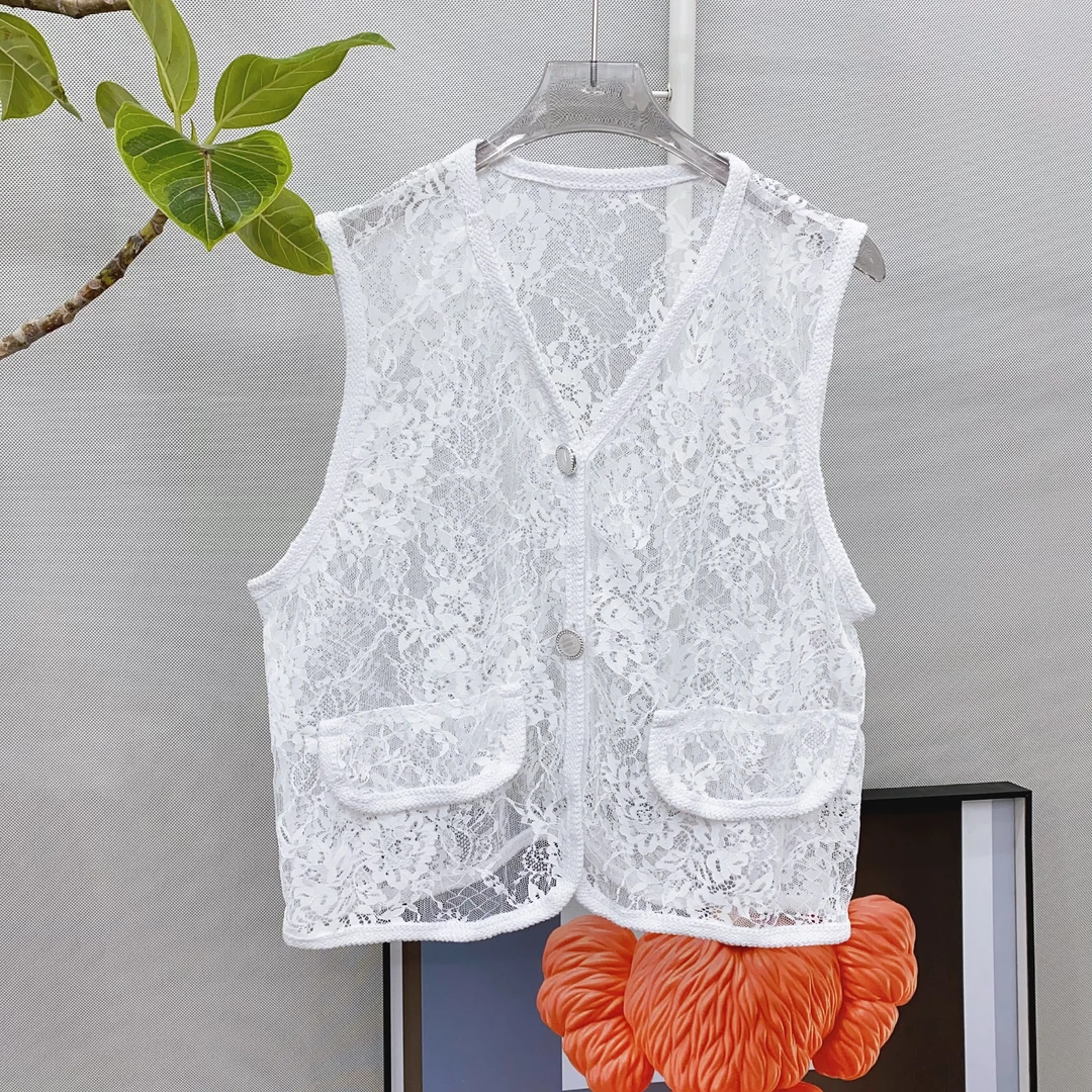 刺绣薄款V领夏季马甲马夹外搭百搭白色无袖春夏蕾丝216#