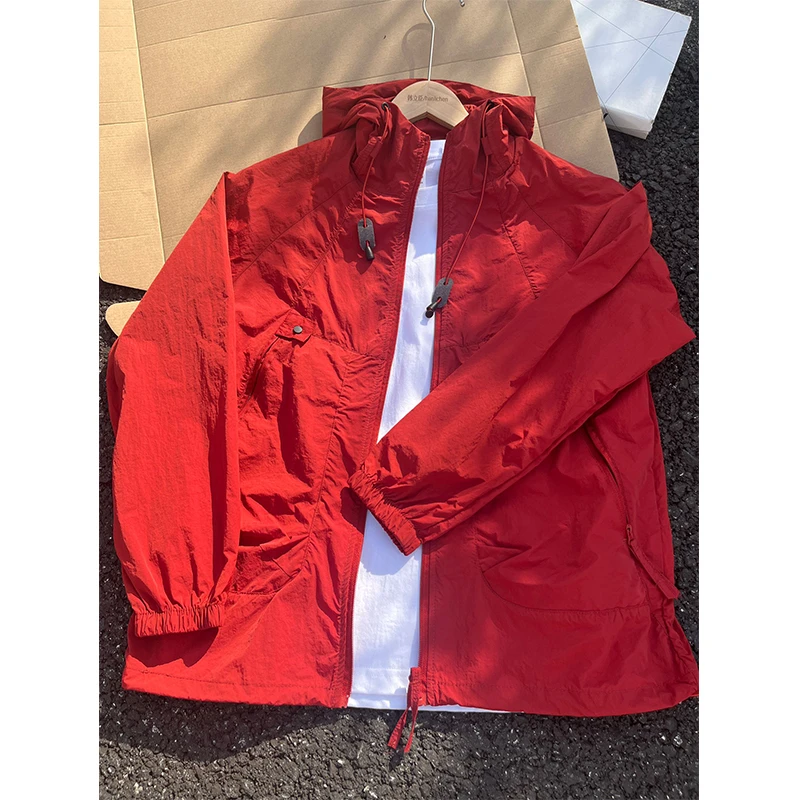 UPF50+朱雀红户外连帽防晒衣外套男女夏季潮牌速干骑行服痞帅夹克