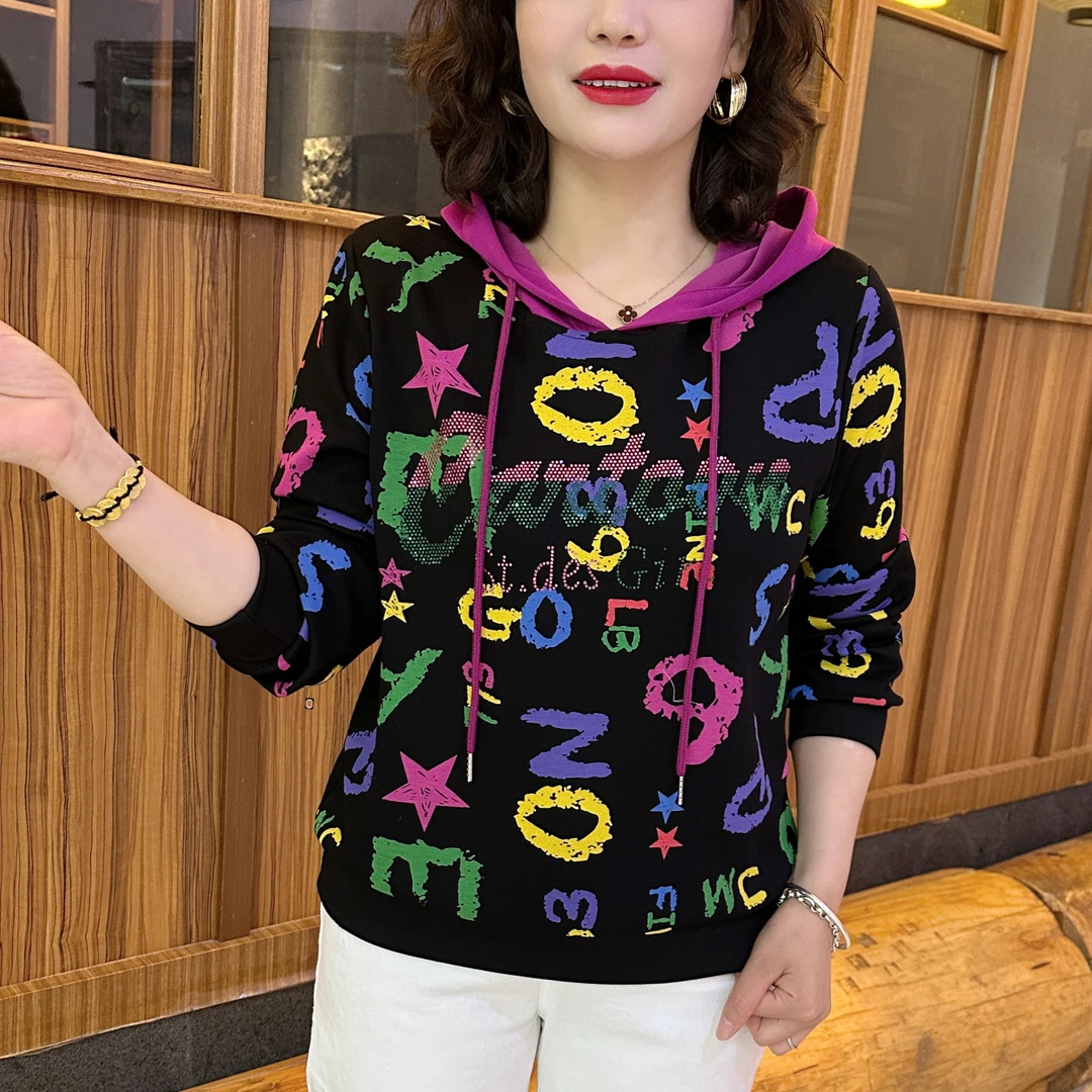潮流字母印花卫衣女2025春季百搭减龄连帽宽松气质长袖上衣Y513