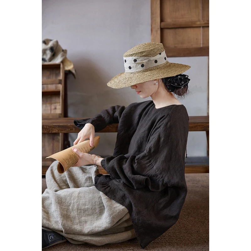 秋冬新款文艺复古中国风黑棕色原创禅意亚麻宽松休闲天淡凉套头衫