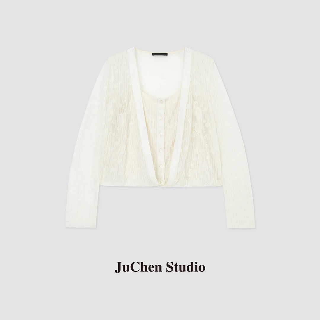 “自由灵感”重磅蕾丝刺绣设计感假两件长袖针织衫上衣 SS123491