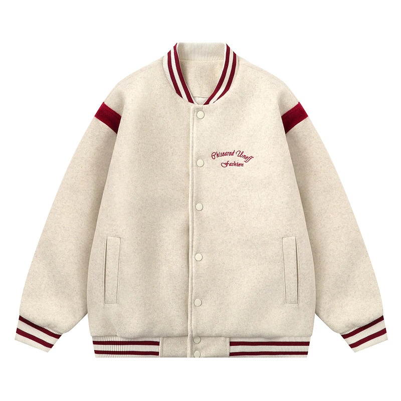 夹棉加厚美式复古刺绣撞色毛呢棒球服男女冬季宽松情侣装休闲外套