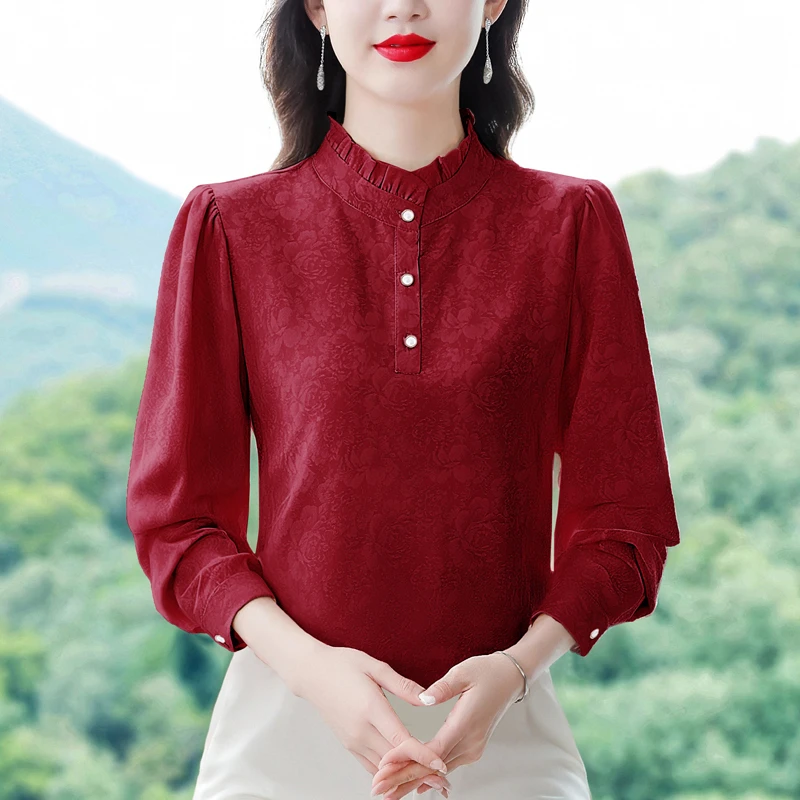 高级感提花缎面长袖衬衫女士秋装新款气质小立领衬衣洋气妈妈上衣