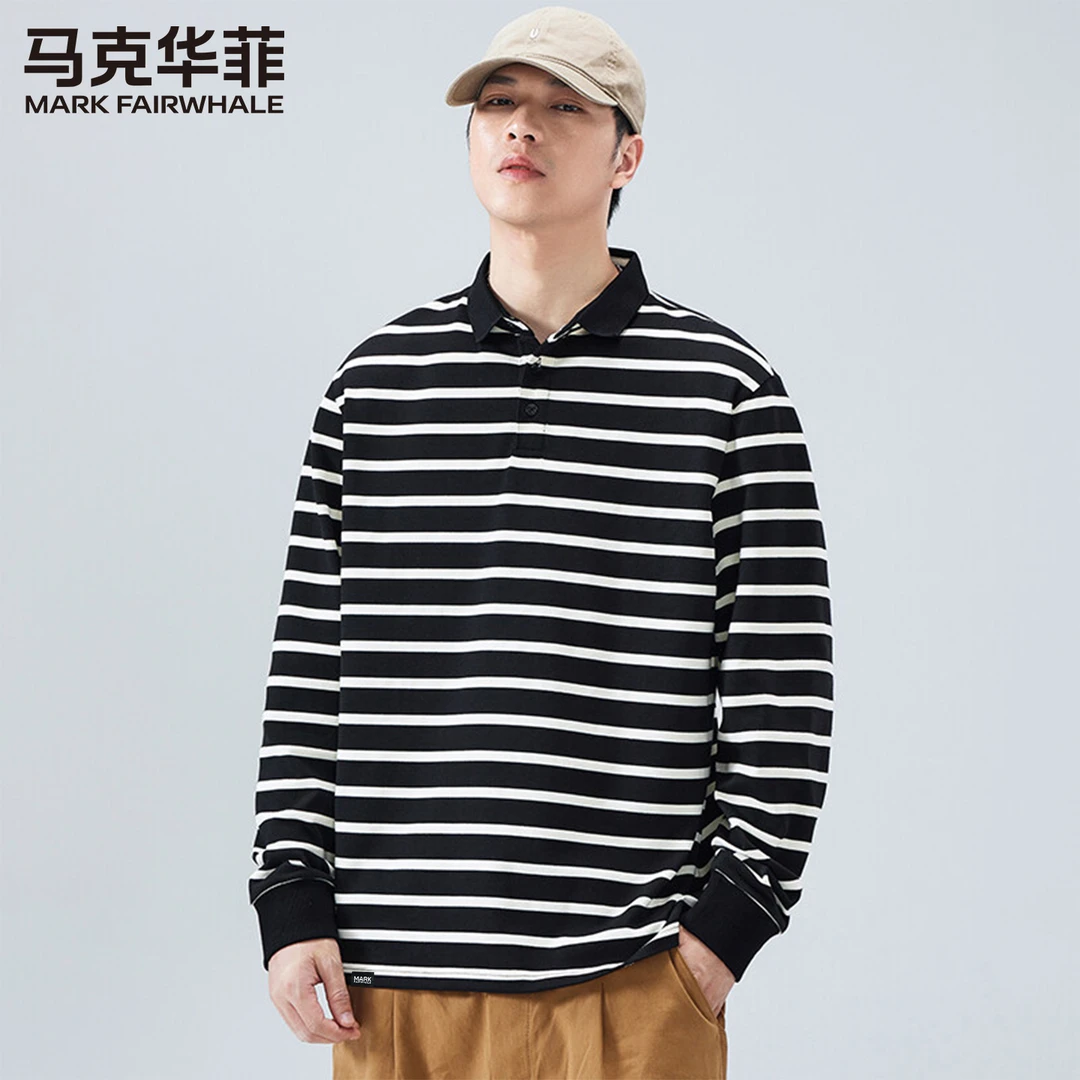 【条纹系列】马克华菲翻领条纹长袖POLO衫简约时尚上衣潮流夏季男装
