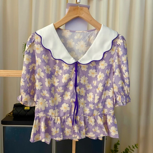 乐家紫色碎花短袖剪标无吊牌