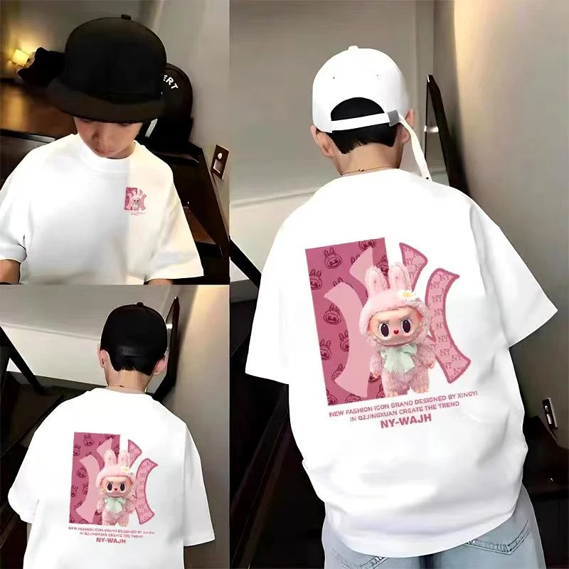 双面粉色拉布布亲子系列~儿童时尚韩宽松潮流印花短袖体恤S