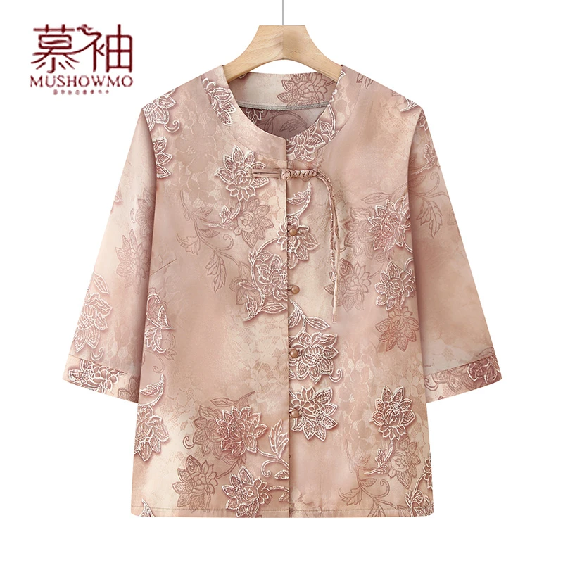 奶奶装中老年人女装老太太新中式圆领七分袖衬衫春夏妈妈国风上衣
