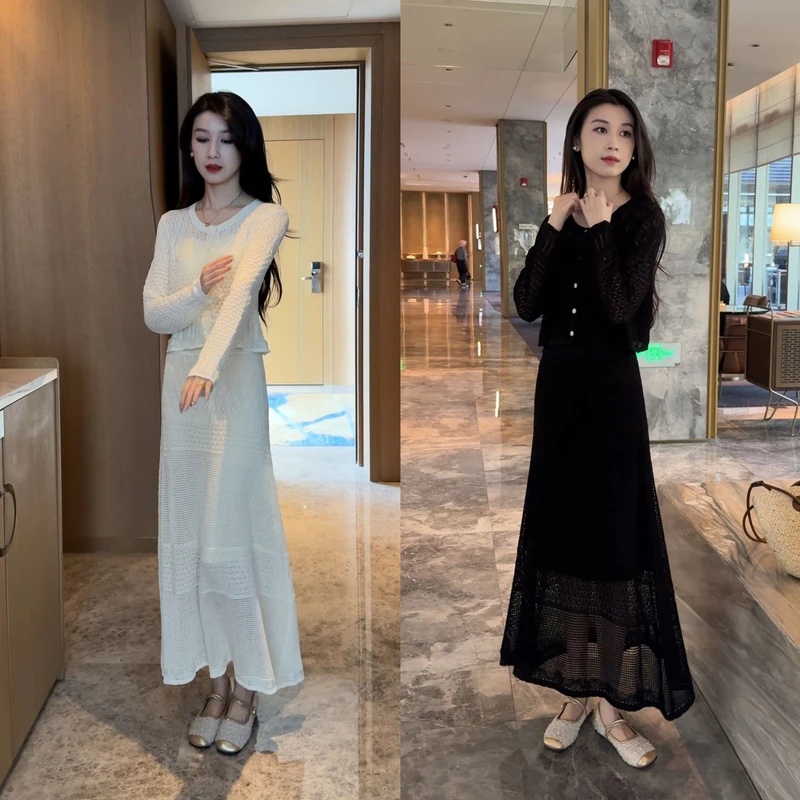 法式温柔风镂空钩花针织开衫半裙套装洋气衣服女