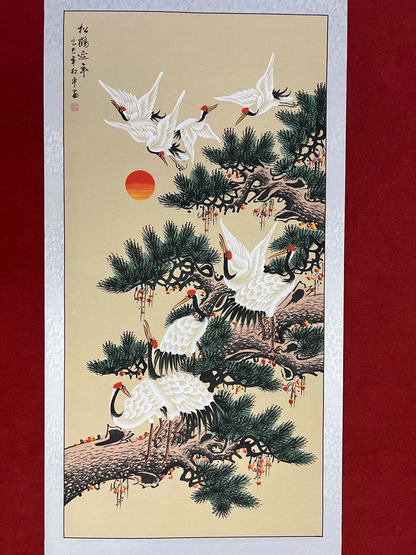 409四尺77x163cm松鹤延年已裱片玄关书房客厅办公室手工装饰画