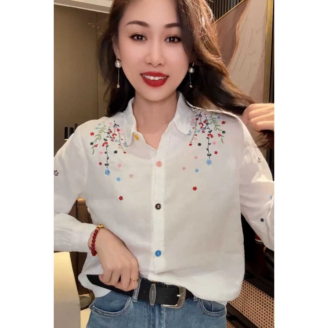 棉质文艺小清新刺绣藤曼花朵气质衬衫小众特色洋气减龄长袖衬衣