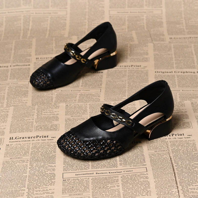 断码真皮新款编织镂空圆头一字带凉鞋女夏季外穿低跟玛丽珍凉单鞋