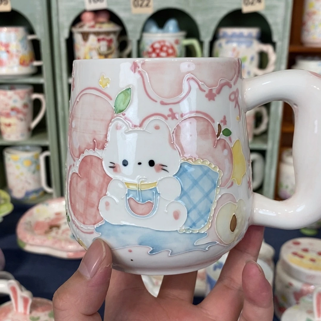 尾***姐瓷片桃子小猫马克杯微瑕