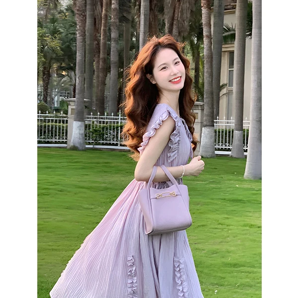 1129~紫色褶皱长裙女夏季小个子高级感气质显瘦海边度假连衣裙