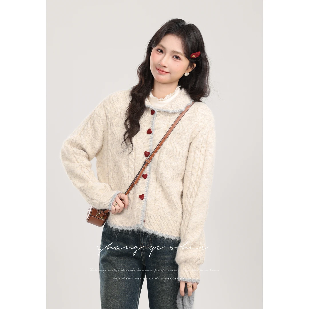 【ZBT直播间】《甜甜糯心》杏色翻领软糯毛衣慵懒风开衫短上衣Z14242