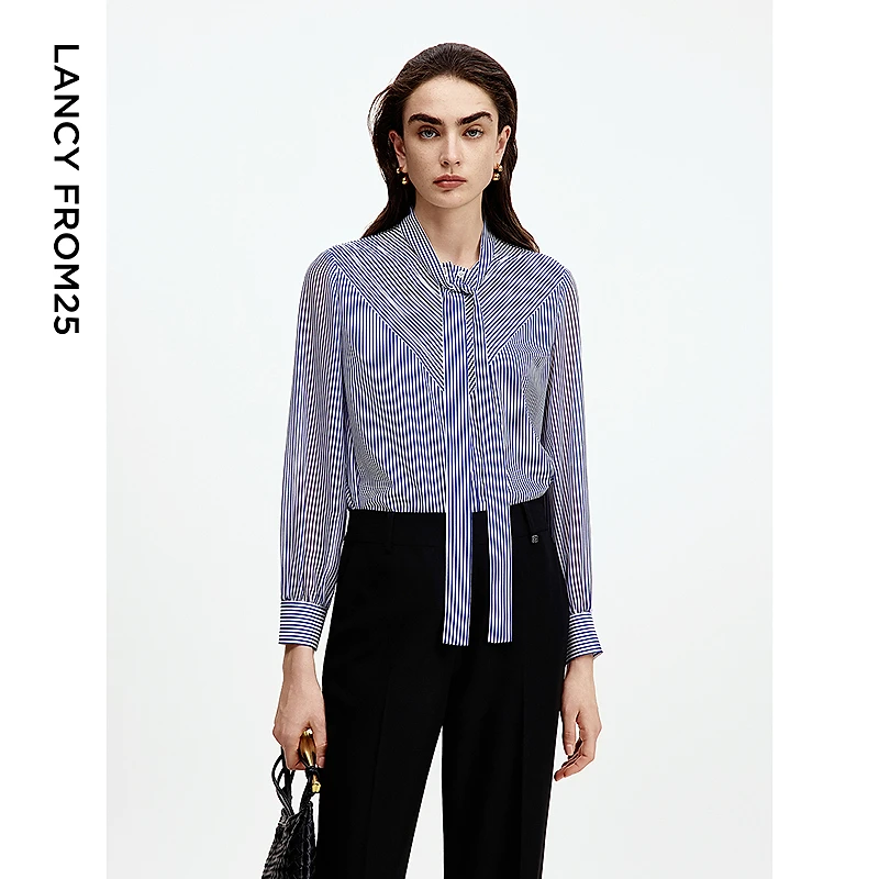 朗姿学院风条纹时尚衬衫衬衣2024年春季新款高级感别致长袖上衣女