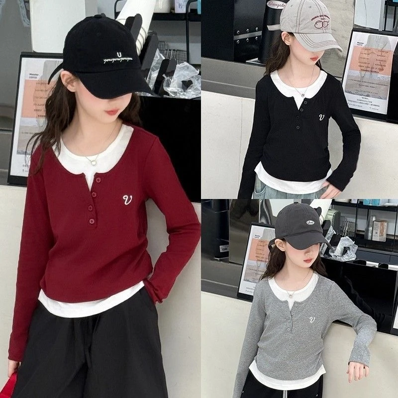 女童t恤长袖春秋装2025新款儿童假两件上衣女孩中大童修身打底衫