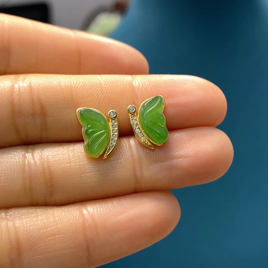 和田玉耳饰银S925镶嵌