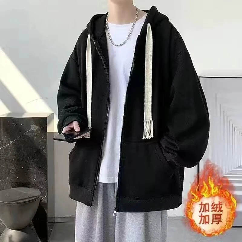 秋冬男士连帽加绒加厚干活穿日系高街美式风格潮流百搭潮酷开衫卫