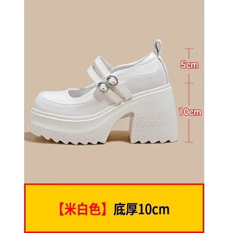 10cm厚底粗跟淑风玛丽珍浅口女鞋百搭真皮高跟春季小个子白色单鞋