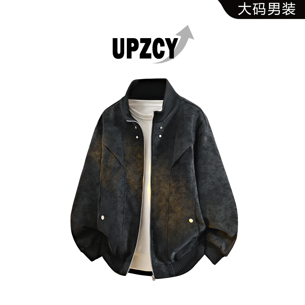 UPZCY春秋大码扎染皮衣夹克男士宽松休闲立领拼接外套高级感男装