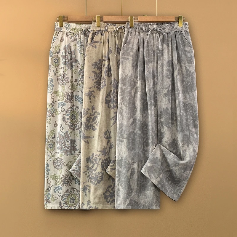 【素菡】夏季2025新款新中式休闲裤女宽松直筒长裤国风印花薄款裤子