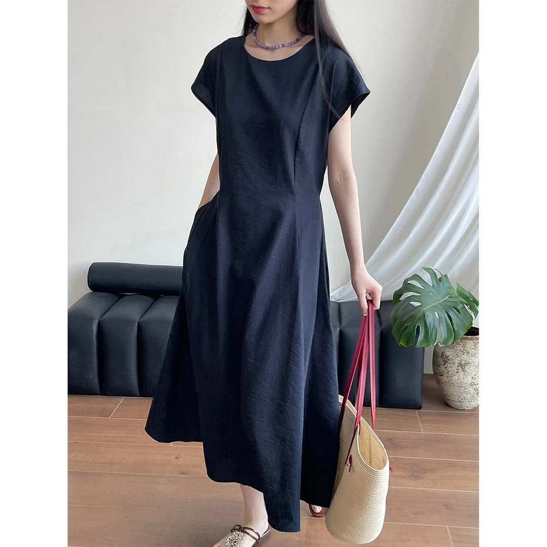 藏青色小飞袖上流社会连衣裙小个子清纯掐腰裙侘寂风高知分子裙子