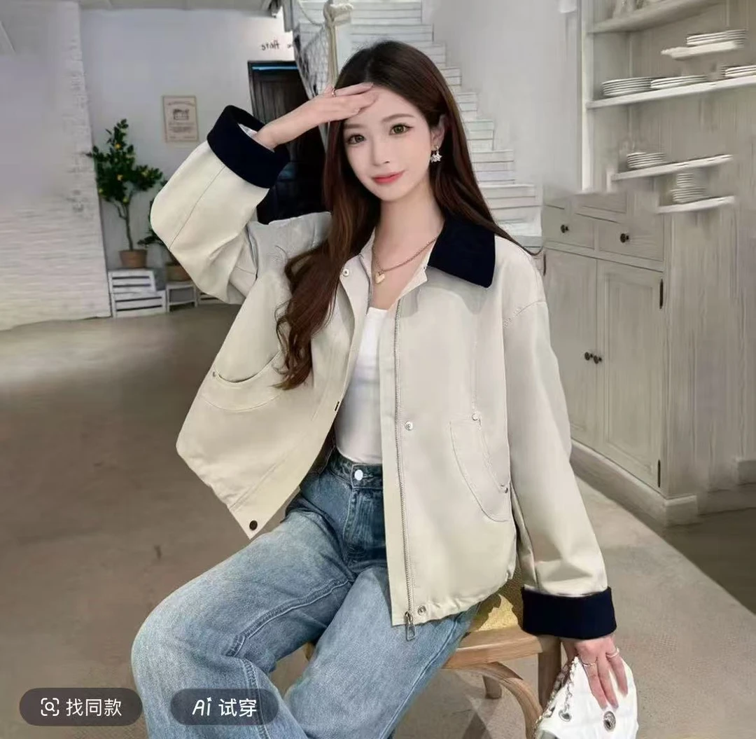 W505{衣长57}拼接撞色工装外套女短款秋季新款百搭洋气减龄上衣