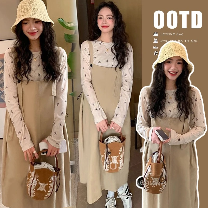 时髦孕妇装新款2025秋季甜美元气宽松韩版背带裙加蝴蝶结上衣套装