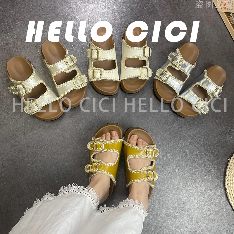 【退货补运费】韩版简约设计感厚底金属扣皮面网红勃肯凉拖鞋61012