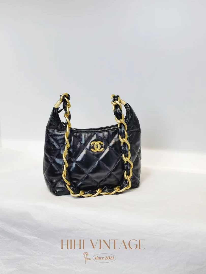 99新 Chanel/香奈儿 黑金油蜡粗链条hobo单肩包/18697396