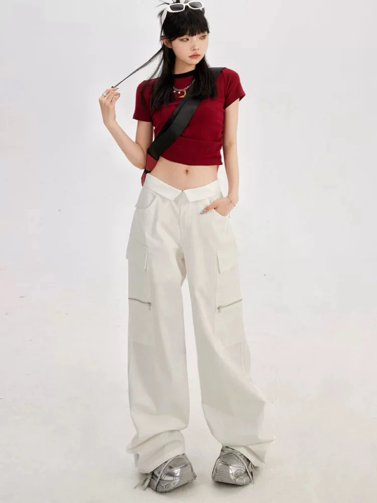 美式白色工装裤女2025春夏hiphop高街宽松嘻哈爵士舞运动休闲裤子