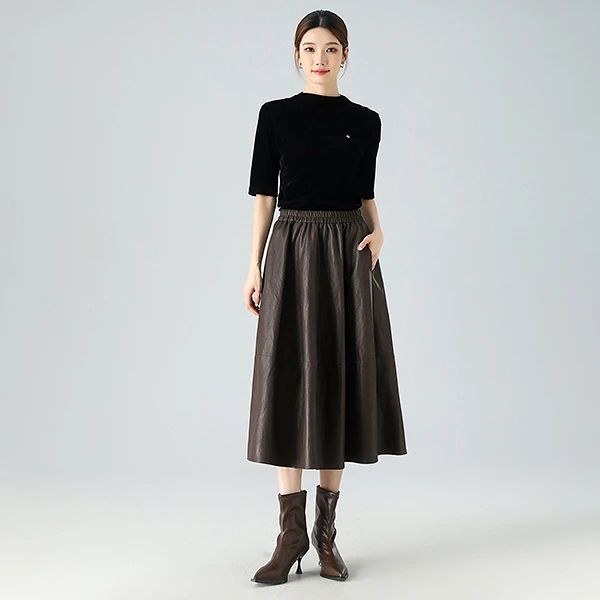 燕苹秋季新款气质街头风弹力腰双层A字版纯色PU皮半身裙ZQY25-69