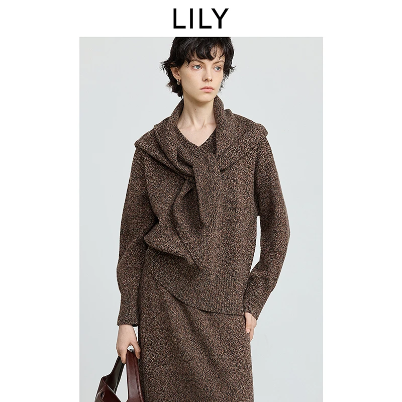 LILY2025冬新款含羊毛V领休闲通勤加厚深色针织衫毛衣125409TK950