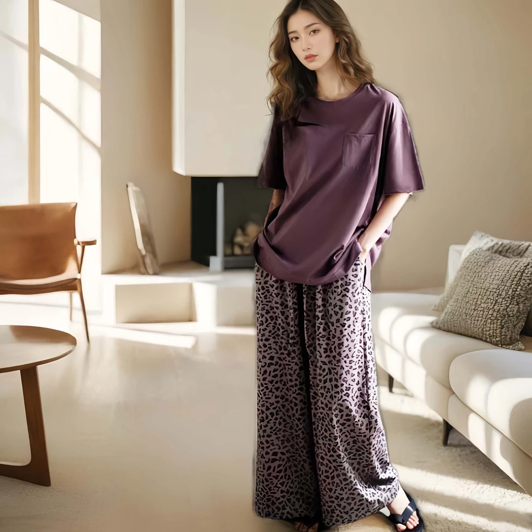 古早风睡衣女士夏季莫代尔短袖长裤套装豹纹新款可外穿家居服夏天