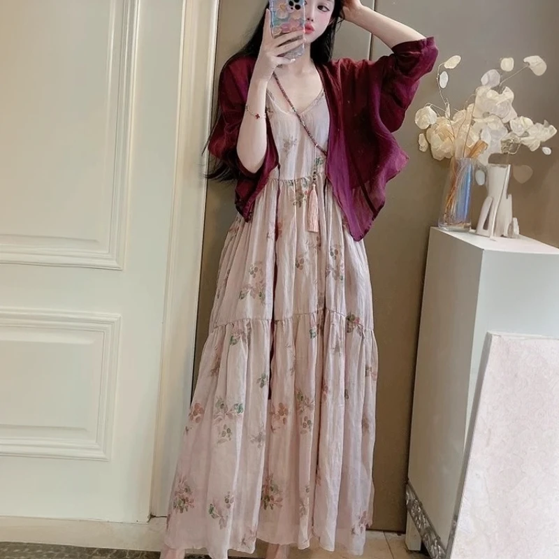 2025年女夏季新款休闲洋气时尚减龄套装披肩外套吊带连衣裙两件套