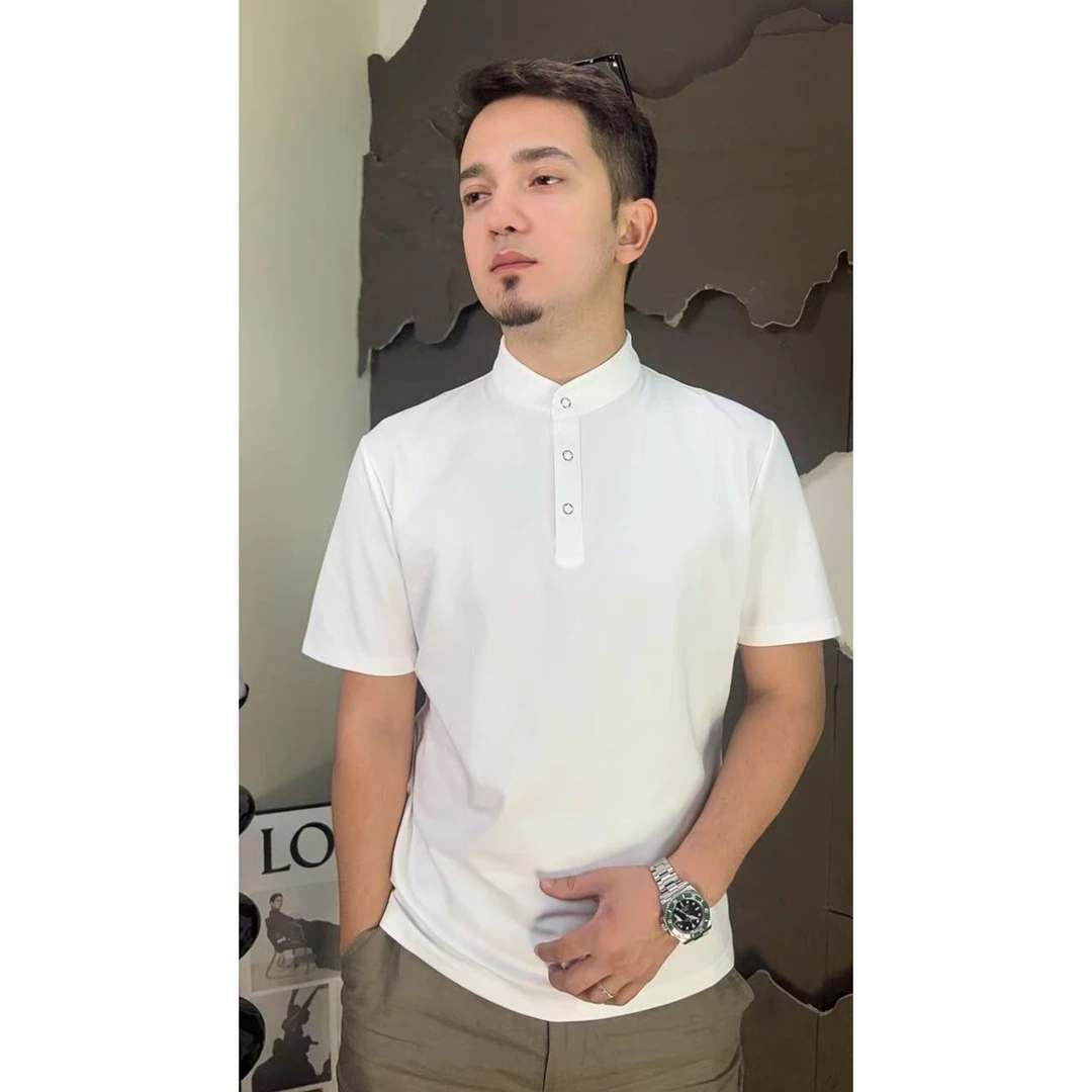 夏季冰柔亲肤百搭休闲男士短袖亨利领纯色T恤