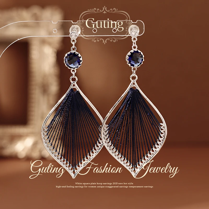 铜合金合成锆石耳饰 22212宝蓝色孔雀尾耳坠耳环轻奢气质耳钉耳饰