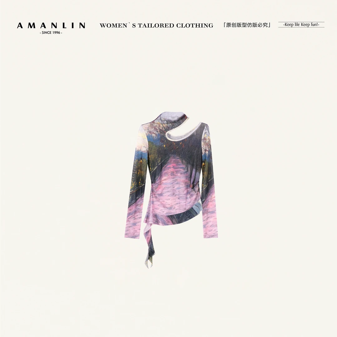 AMANLIN/阿谩琳琥珀流光扎染长袖双层网纱时尚修身上衣ZX601193