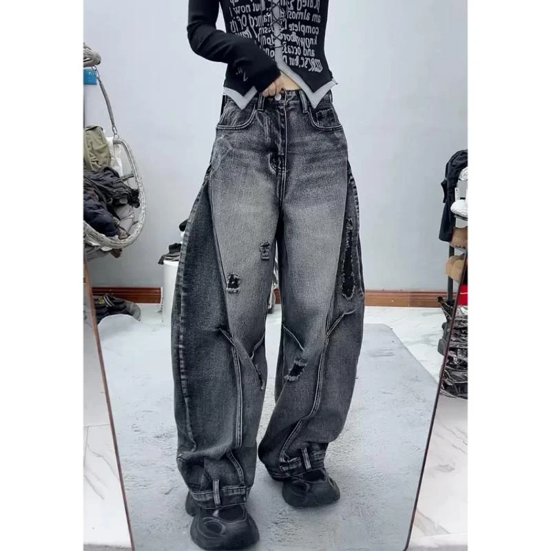 设计感弯刀牛仔裤2025秋季新款百搭黑灰休闲裤高腰显瘦破洞阔腿裤