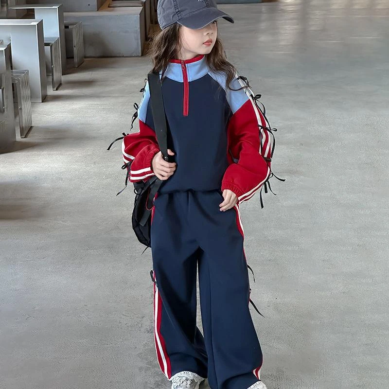 FAVMARTHA女宝早秋时髦洋气秋装中大童拼色丝带秋季新款个性百搭